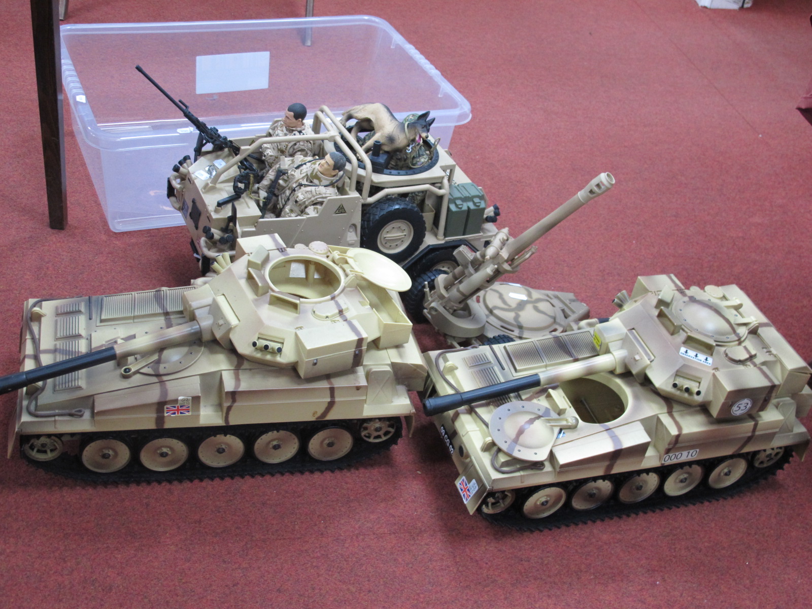 Two H M Armed Forces Tanks, Gun and Combat Vehicle, with three action figures.