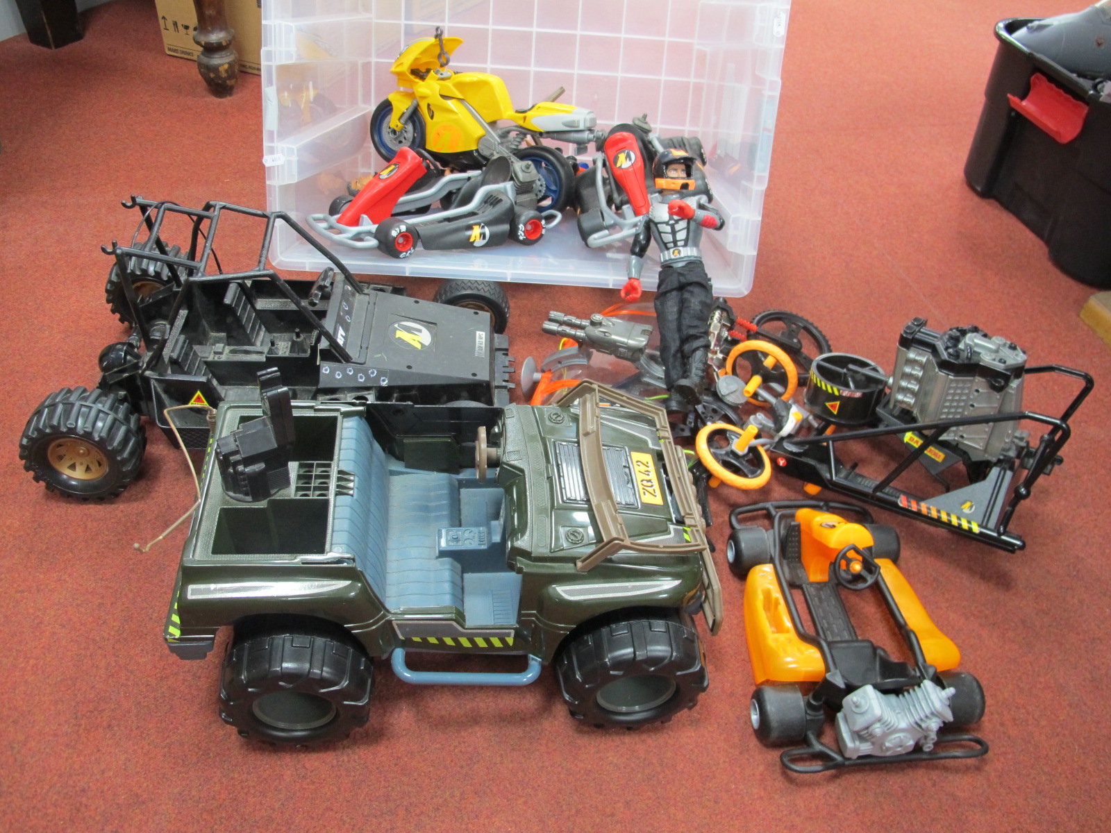 Action Man Vehicles, to include buggies, go-kart, bikes, motorbike and two figures.