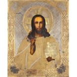 LATE 19TH CENTURY RUSSIAN ICON OF CHRIST PANTOCRATOR WITH GILT AND SILVERED COPPER OKLAD