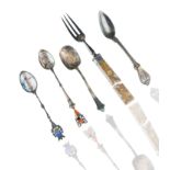 LATE 19TH-EARLY 20TH CENTURY GROUP OF 5 ASSORTED SILVER AND ENAMEL FLATWARE