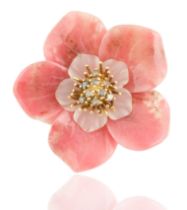 A LARGE 18KT GOLD AND RHODONITE 'HIBISCUS' BROOCH