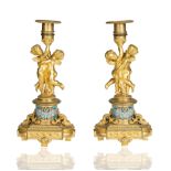 PAIR OF CHAMPLEVE CANDELABRAS