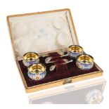 1893 GUSTAV KLINGERT GILT SILVER AND CLOISONNE ENAMEL SALT CELLAR SET, RETAILED BY GRACHEV BROTHERS