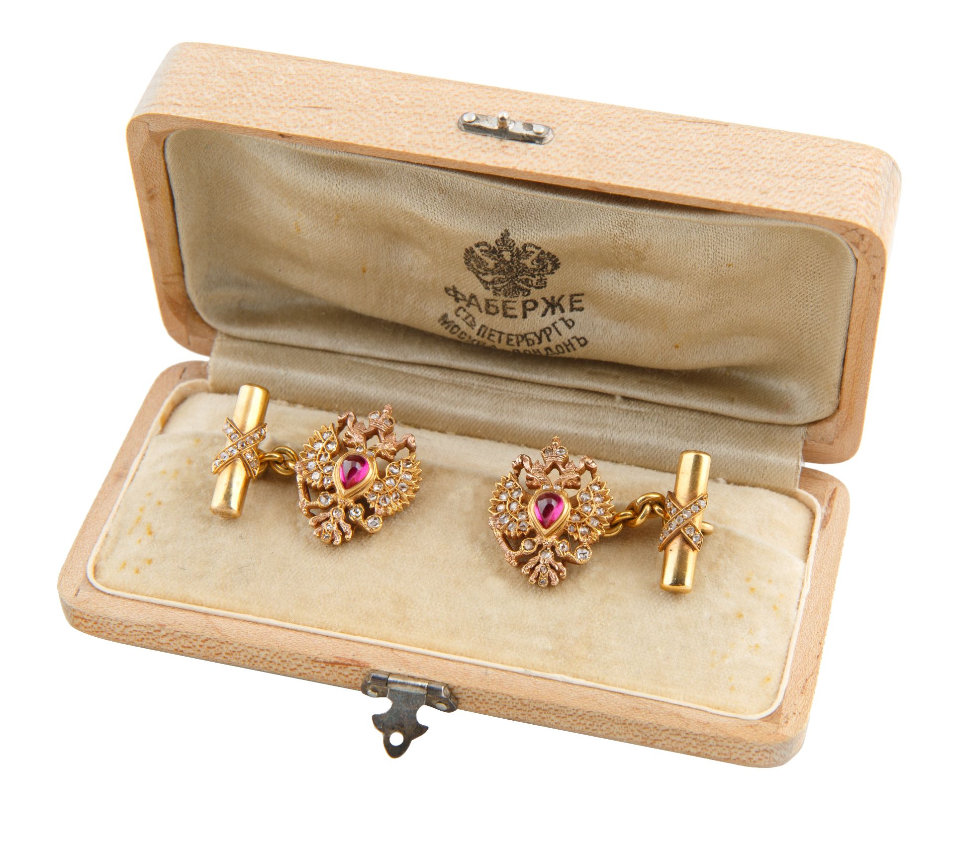 PAIR OF 1908-1913 FABERGE TWO-TONE GOLD, DIAMOND AND RUBY CUFFLINKS, WORKMASTER AUGUST HOLLMING