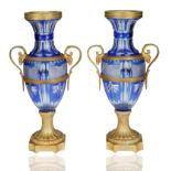 PAIR OF CUT COBALT GLASS VASES