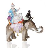 A MEISSEN FIGURAL GROUP 'A SULTAN AND SULTANA RIDING ON ELEPHANTS' MODELLED AFTER PETER REINICKE AND