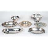 A GROUP OF SEVEN ANTIQUE SILVER ASSORTED TRAYS AND BOWLS, VARIOUS MANUFACTURES