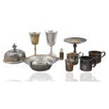 A GROUP OF NINE VINTAGE PEWTER AND SILVER PLATED SERVICE PIECES, VARIOUS MANUFACTURES