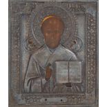 19TH CENTURY RUSSIAN ICON OF ST. NICHOLAS WITH SILVER OKLAD