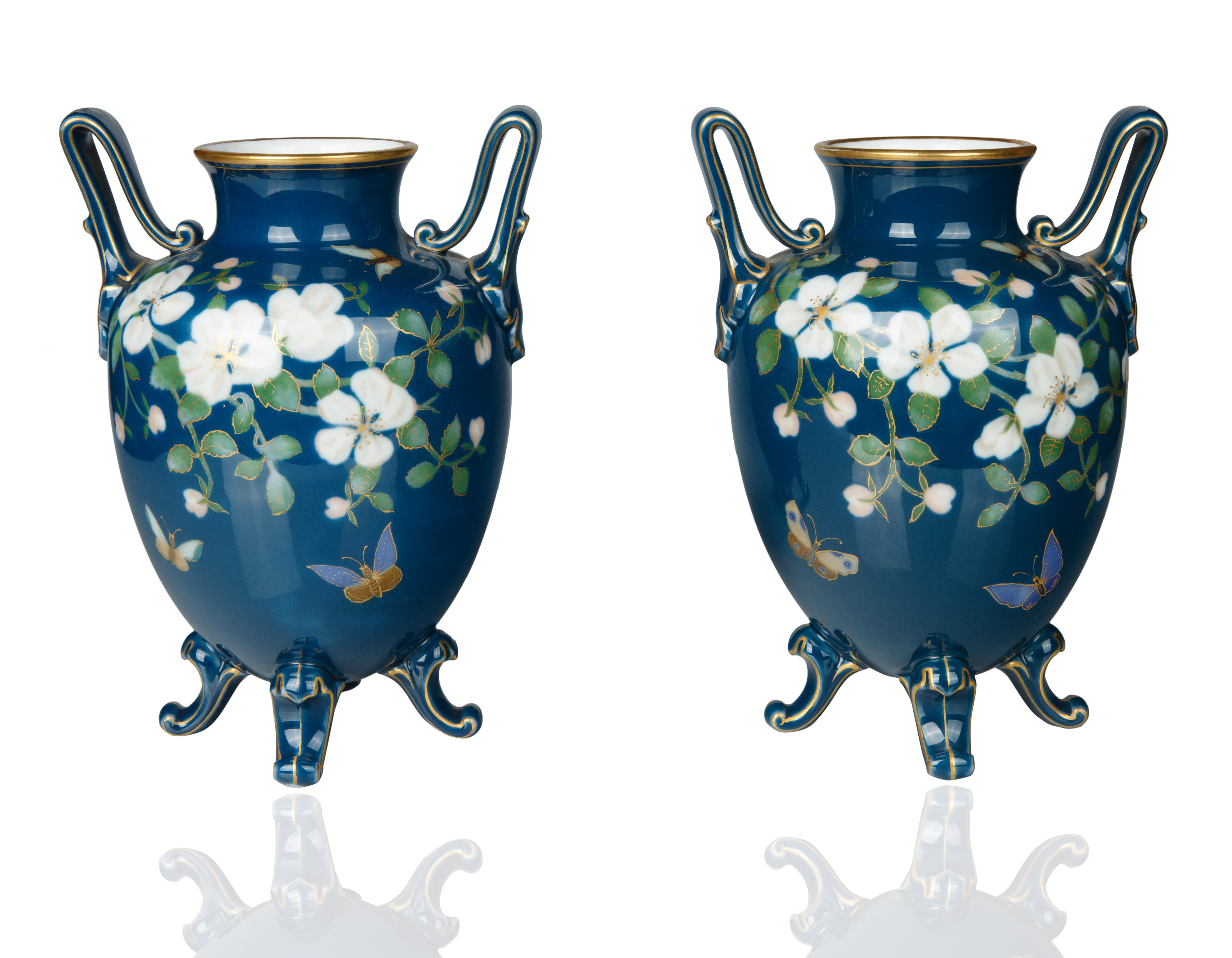 A PAIR PORCELAIN FLORAL AND TEAL KPM VASES, CIRCA 1832