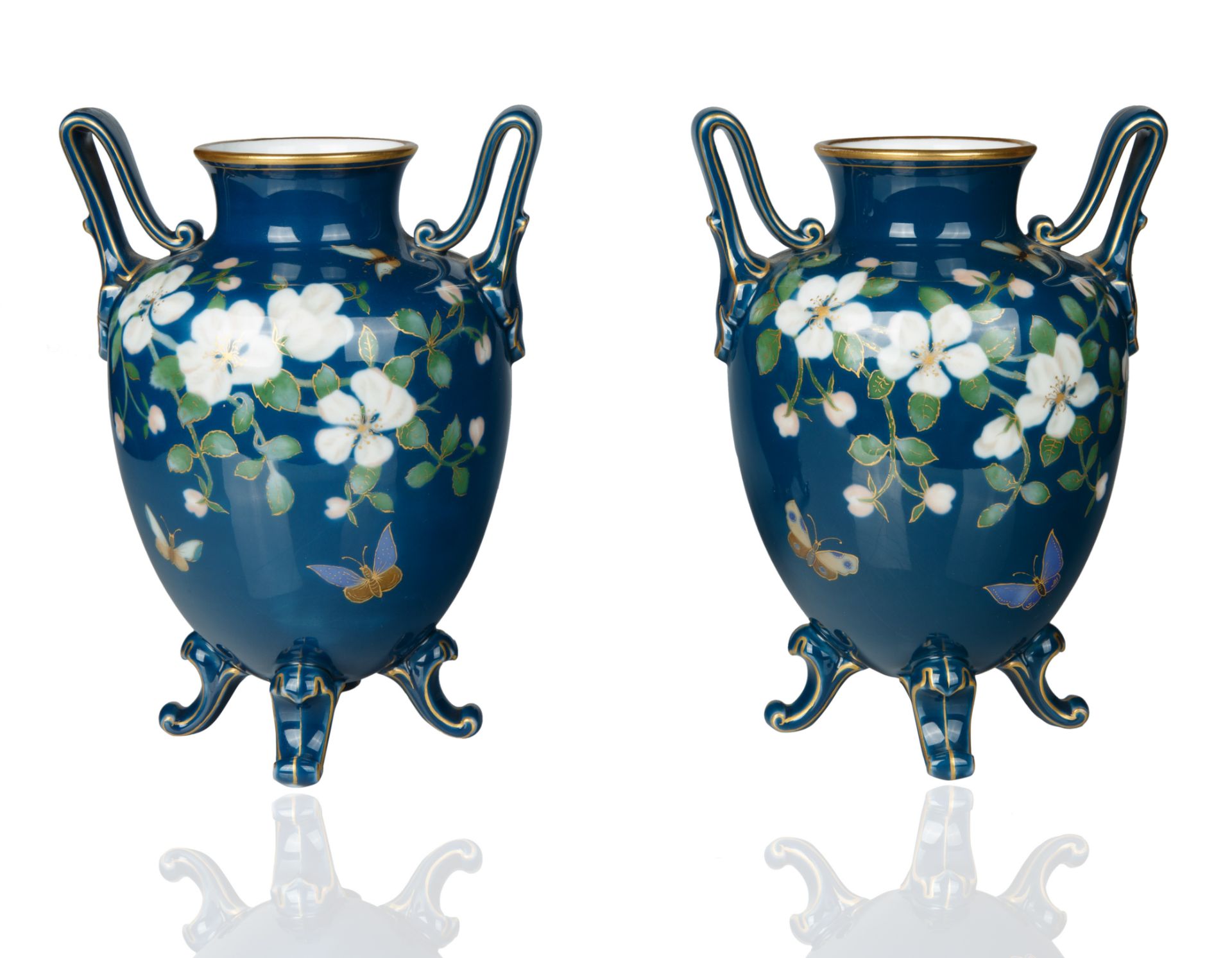 A PAIR PORCELAIN FLORAL AND TEAL KPM VASES, CIRCA 1832