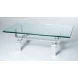 A CONTEMPORARY MID-CENTURY GLASS AND STEEL COFFEE TABLE