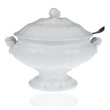 A LARGE CERAMIC 'BLANC DE CHINE' COVERED SOUP TUREEN AND SILVER LADLE, PEARSON AND HANCOCK, STOKE-ON