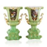 A PAIR OF ENGLISH GREEN-APPLE PORCELAIN VASES WITH COURTING SCENES