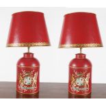 PAIR OF ARMORIAL TOLEWARE TABLE LAMPS