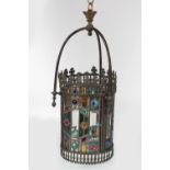 19TH-CENTURY BRASS AND LEADED GLASS HALL LANTERN