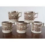 5 19TH-CENTURY STAFFORDSHIRE POTTERY MUGS