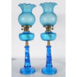 PAIR 19TH-CENTURY BLUE GLASS OIL LAMPS