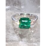 COLOMBIAN EMERALD & DIAMOND THREE STONE RING