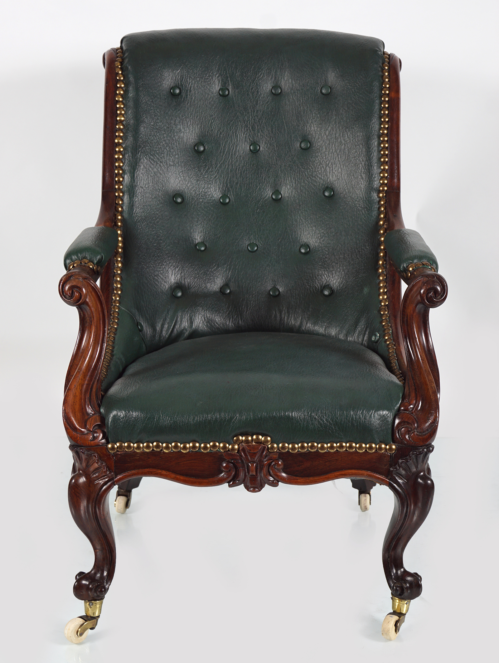 19TH-CENTURY HIDE & ROSEWOOD LIBRARY ARMCHAIR