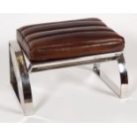 DESIGNER MID-CENTURY LEATHER & CHROME FOOTSTOOL