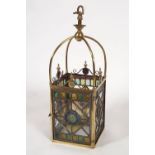 19TH-CENTURY BRASS & LEADED GLASS HALL LANTERN