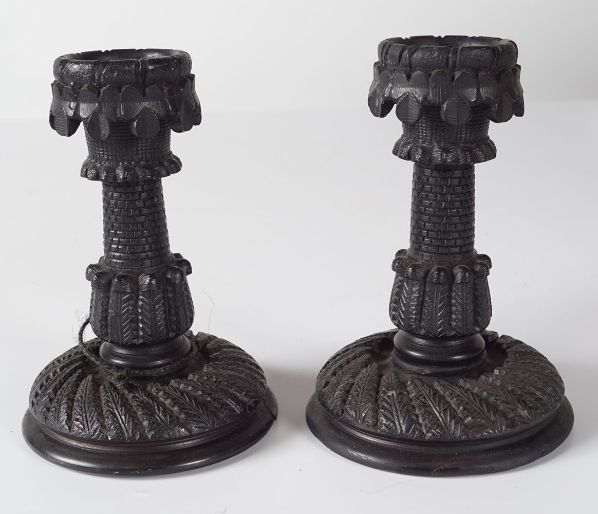 PAIR IRISH BOG OAK CANDLESTICKS