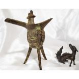 CHINESE CAST BRONZE WINE CUP & DRAGON FIGURE