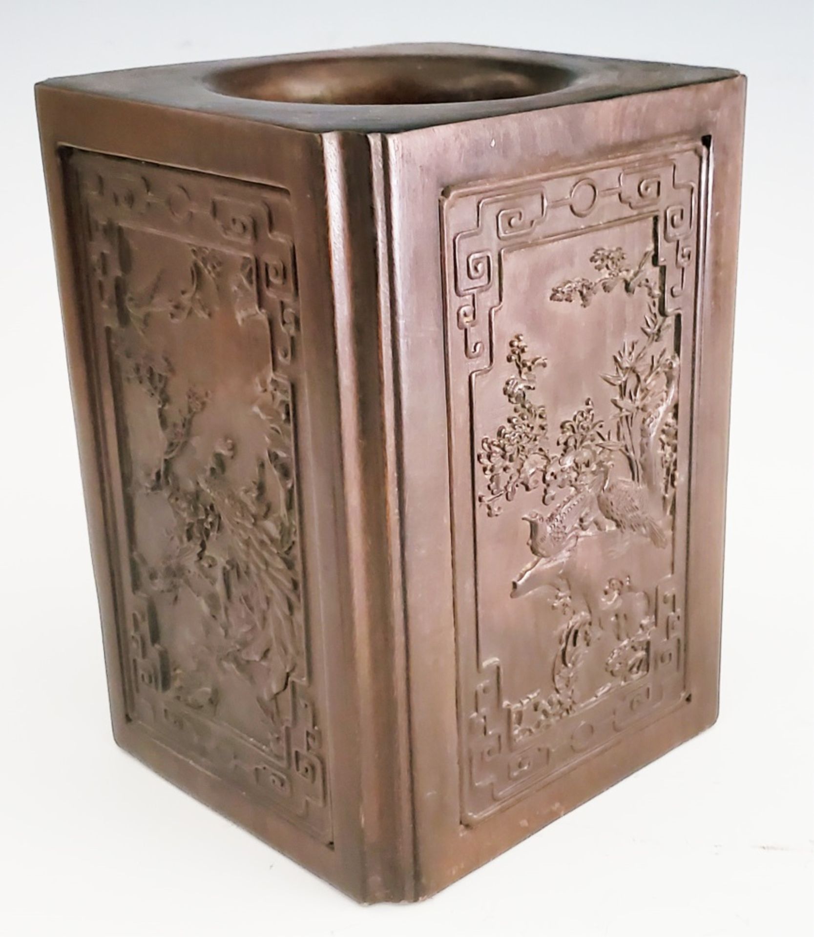 CHINESE CARVED WOOD BRUSH POT