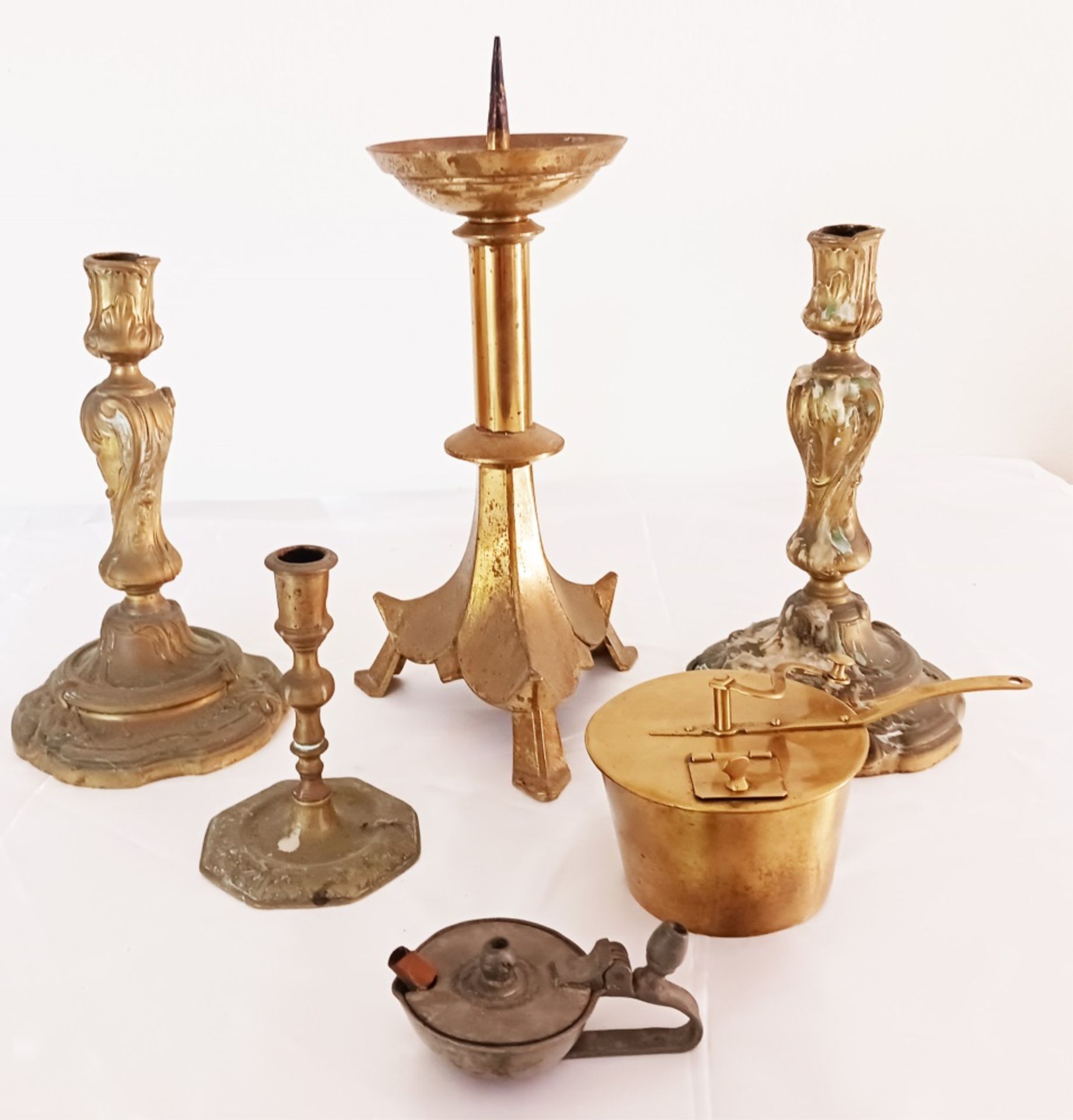 EARLY BRASS CANDLESTANDS, PEWTER - (6) PCS. TOTAL - Image 2 of 9