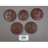 A quantity of five bronze medallions relating to: "The Grocery, Provisions, Oil and Italian