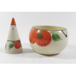 A Wilkinson 'Honeyglaze' pot, approx 8cm diameter together with a Clarice Cliff conical pepper pot