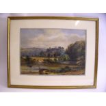 J Lake - watercolour scene of cattle watering in river, signed and dated 1864, 32 x 47cm
