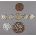 A small quantity of coins and tokens including: Victoria Jubilee Crown 1889 (2) Eire threepences