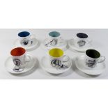 A Wedgwood Susie Cooper 'Black Fruit' set of six coffee cups and saucers - one with hairline