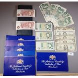 Wad of world banknotes including: Bank of England 10 shillings 2 off, green £1 3 off D.H.F Somerset,