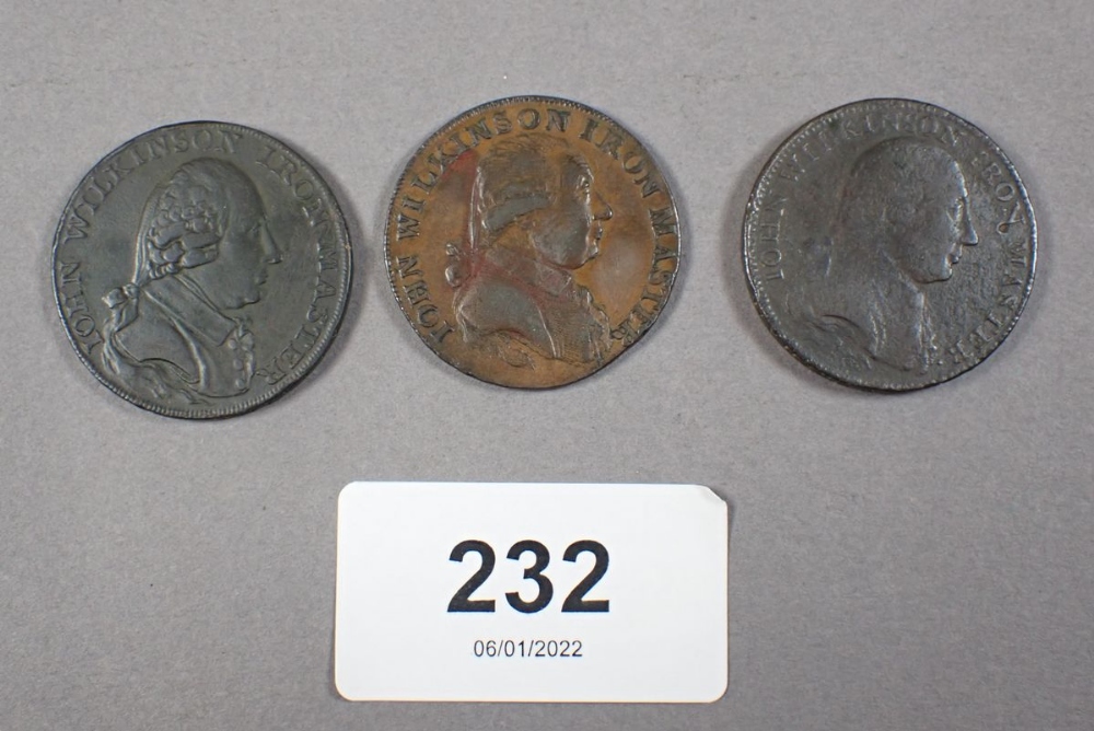 Three tokens ref: John Wilkinson iron master, trade tokens, halfpennies 1788, 1790, 1793 -