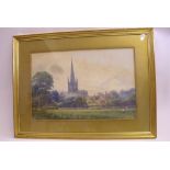 R S Rogers - watercolour of Norwich Cathedral with scene of a cricket match, framed and glazed, 34 x