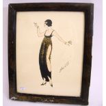 Erte (Romain de Tirtoff) - watercolour with gilt highlights 1920's flapper girl, 24 x 19cm