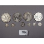 A quantity of world coinage including: USA silver content coins ie Morgan dollar 1921, 7 tail