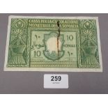 Rare banknote re: Italian Somaliland 10 Somali 1950, Roma 'Cassa per la Circolazione Monetaria Delia