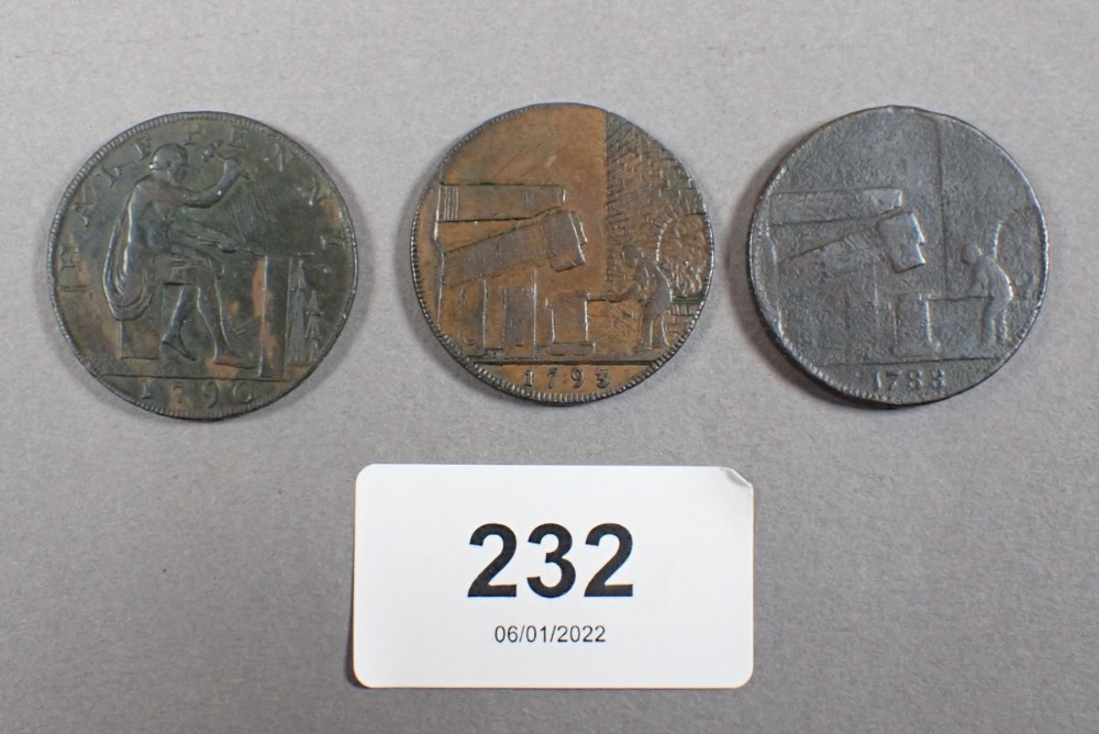 Three tokens ref: John Wilkinson iron master, trade tokens, halfpennies 1788, 1790, 1793 - - Image 2 of 2