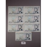 A wad of Bank of England blue £5 notes 7 off pre-fix: DR08, DT54, DT56, DT59, DT68, DT82, DU48, D.