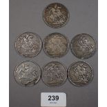 Seven Victoria crowns including: Jubilee bust 1889, 1891 (3 off) old veiled bust: 1893 LVI, 1895 LIX