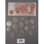 A quantity of silver content including: silver threepence, shillings and two shillings: George V