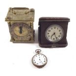 A Bensons eight day travel clock, a pocket watch and a carriage clock with battery movement