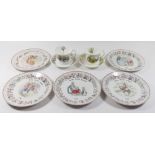 Five Wedgwood Peter Rabbit plates, a Royal Doulton Brambley Hedge Summer tea cup and saucer and a