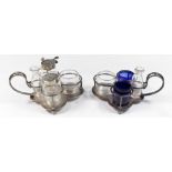 A pair of glass and silver mounted small cruet stands - one complete and other incomplete