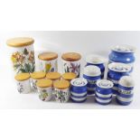 A TG Green group of Cornishware (one storage jar unmarked and one sugar caster a/f)