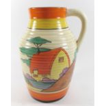 A Clarice Cliff lotus jug painted in the Orange Roof Cottage design, 30cm tall with Bizarre and
